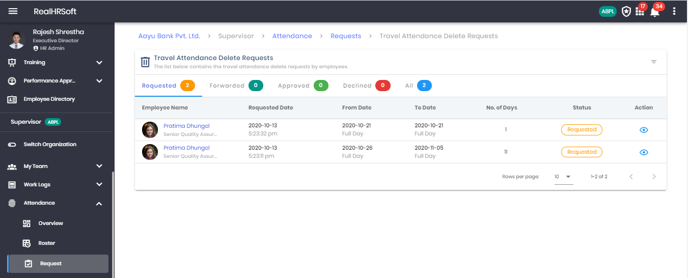 Travel Attendance Delete Request