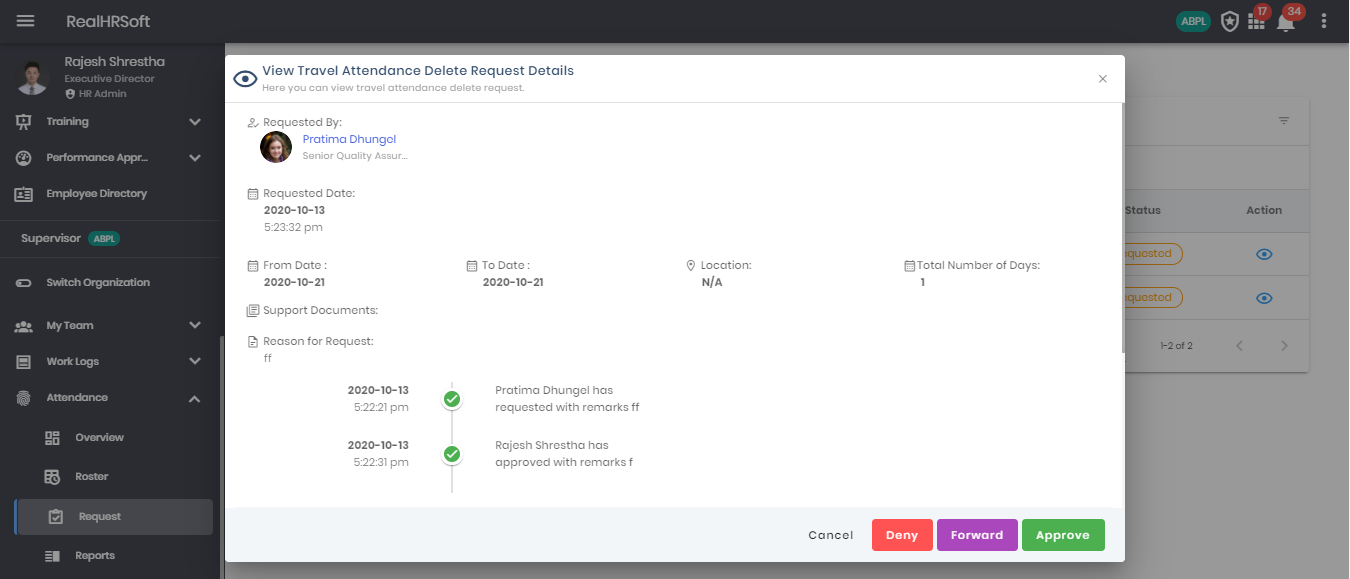 Travel Attendance Delete Request